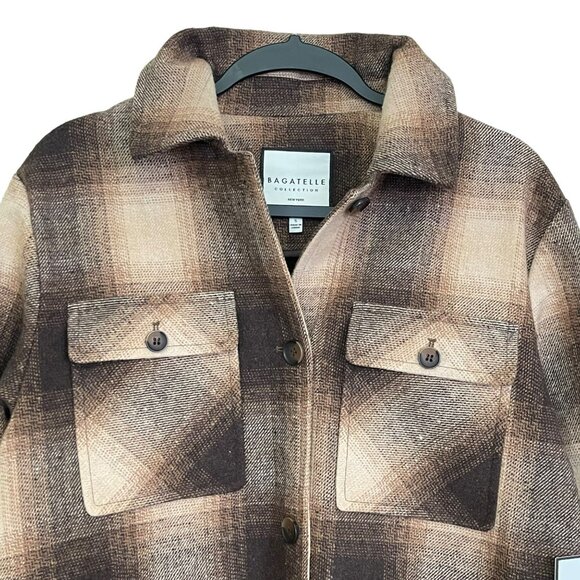Bagatelle Brown Plaid Fringe Long Shacket Shirt Jacket Sz Small NWT - Picture 4 of 7